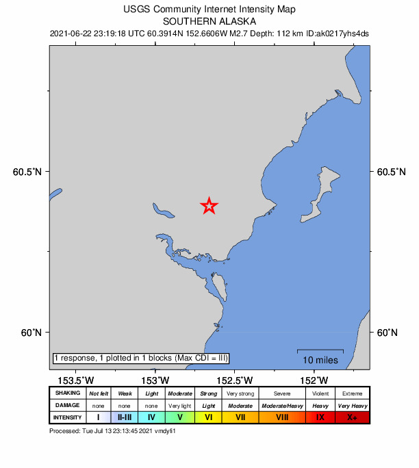 USGS DYFI community-reported intensity map for the M2.7 earthquake near 66 km NW of Ninilchik, Alaska