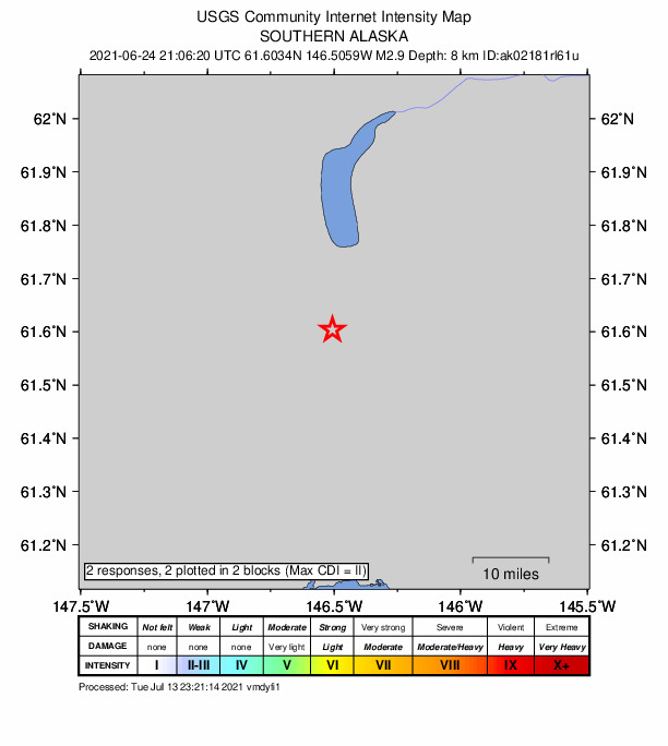 USGS DYFI community-reported intensity map for the M2.9 earthquake near 45 km SSE of Nelchina, Alaska