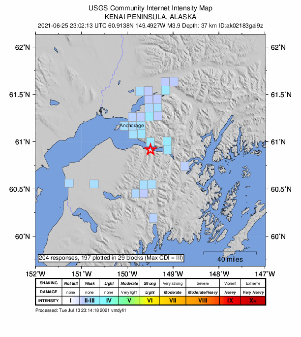 USGS DYFI community-reported intensity map for the M3.9 earthquake near 4 km NW of Sunrise, Alaska