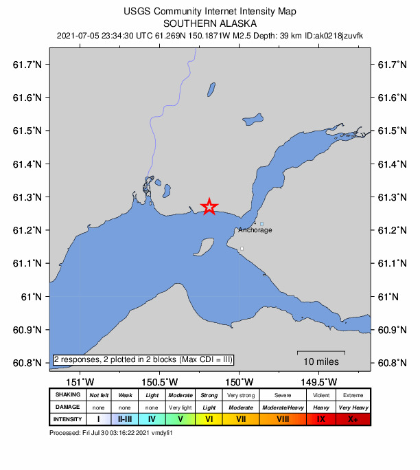 USGS DYFI community-reported intensity map for the M2.5 earthquake near 15 km SW of Point MacKenzie, Alaska