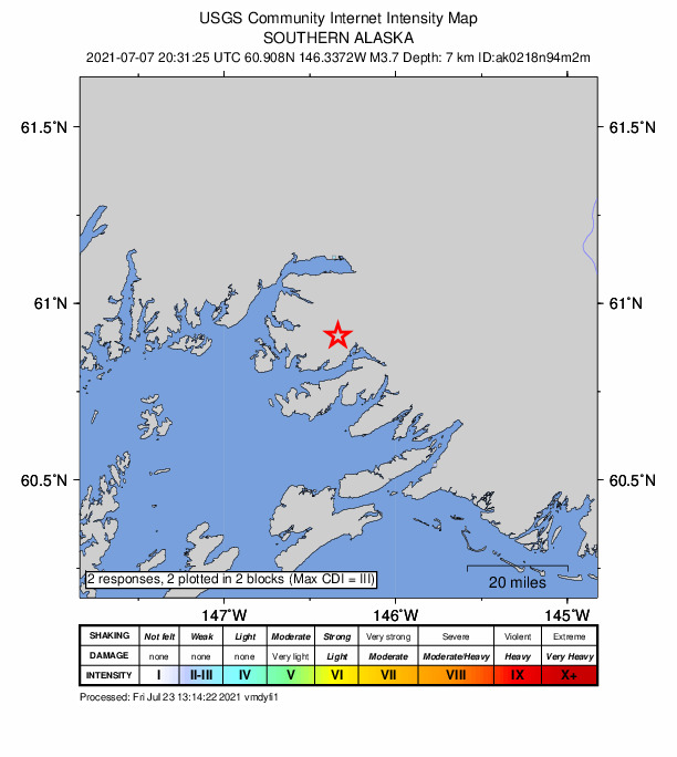 USGS DYFI community-reported intensity map for the M3.7 earthquake near 18 km ENE of Tatitlek, Alaska