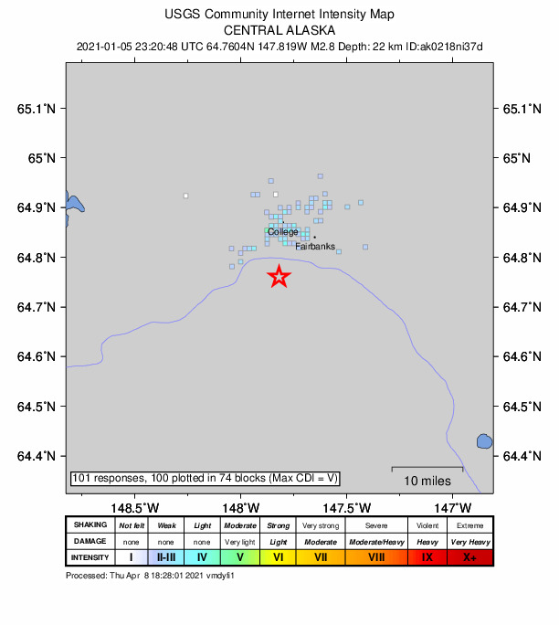 USGS DYFI community-reported intensity map for the M2.8 earthquake near 5 km SSW of South Van Horn, Alaska