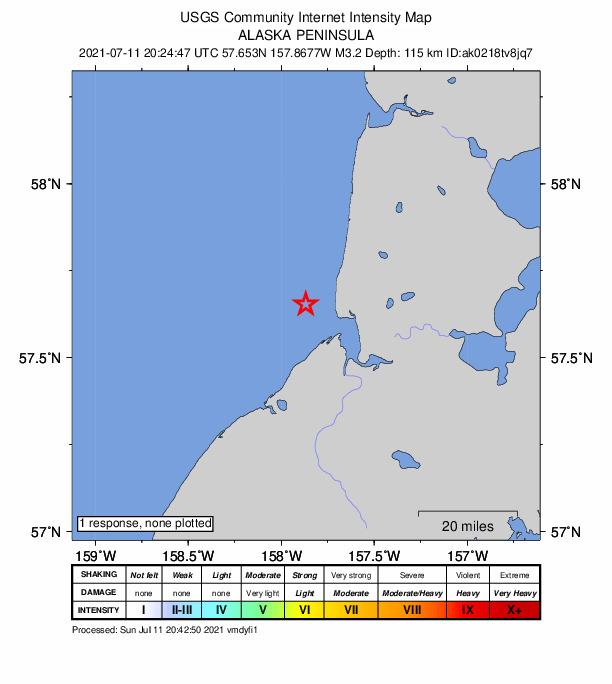 USGS DYFI community-reported intensity map for the M3.2 earthquake near 26 km S of Ugashik, Alaska