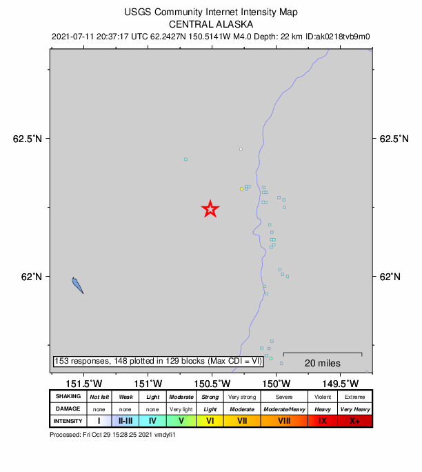 USGS DYFI community-reported intensity map for the M4.0 earthquake near 16 km WSW of Trapper Creek, Alaska
