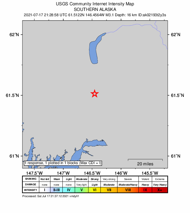 USGS DYFI community-reported intensity map for the M3.0 earthquake near 43 km N of Valdez, Alaska
