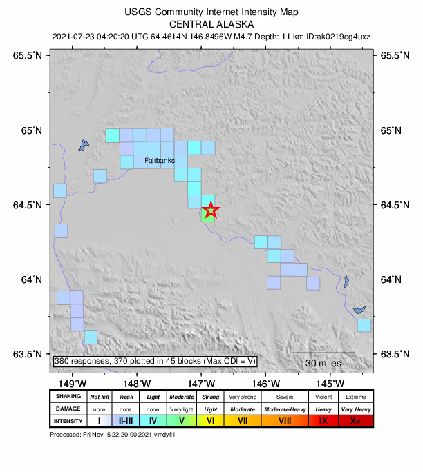 USGS DYFI community-reported intensity map for the M4.8 earthquake near 11 km NW of Harding-Birch Lakes, Alaska