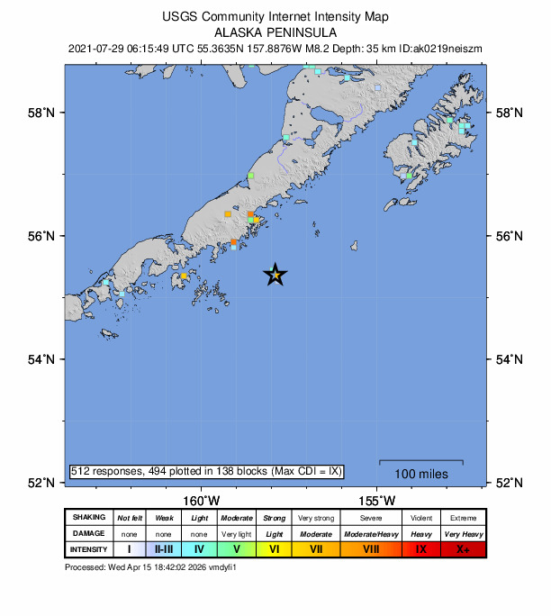 USGS DYFI community-reported intensity map for the M8.2 earthquake near 2021 Chignik, Alaska Earthquake