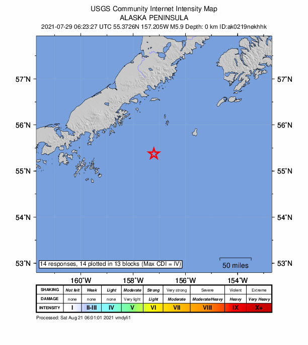 USGS DYFI community-reported intensity map for the M5.9 earthquake near 127 km SE of Chignik, Alaska