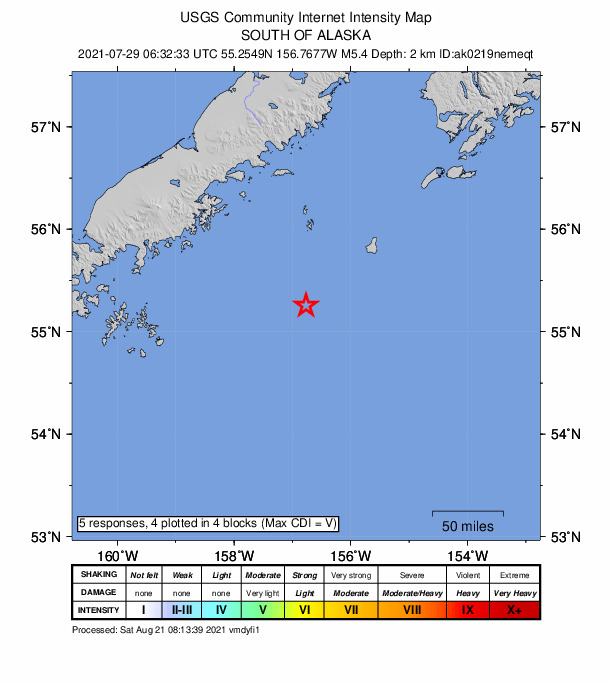 USGS DYFI community-reported intensity map for the M5.4 earthquake near 154 km SE of Chignik, Alaska