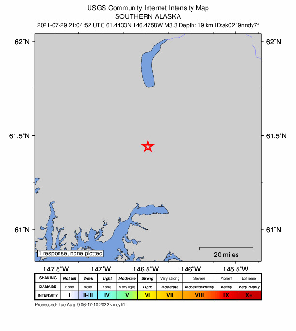 USGS DYFI community-reported intensity map for the M3.3 earthquake near 35 km N of Valdez, Alaska