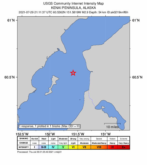 USGS DYFI community-reported intensity map for the M2.9 earthquake near 19 km WSW of Salamatof, Alaska