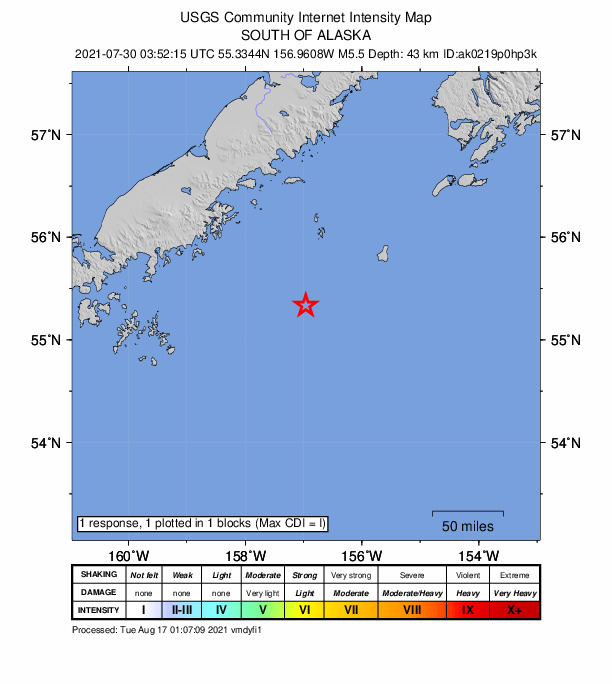 USGS DYFI community-reported intensity map for the M5.5 earthquake near 140 km SE of Chignik, Alaska