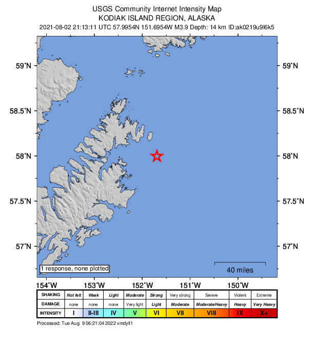 USGS DYFI community-reported intensity map for the M3.9 earthquake near 47 km ENE of Kodiak, Alaska