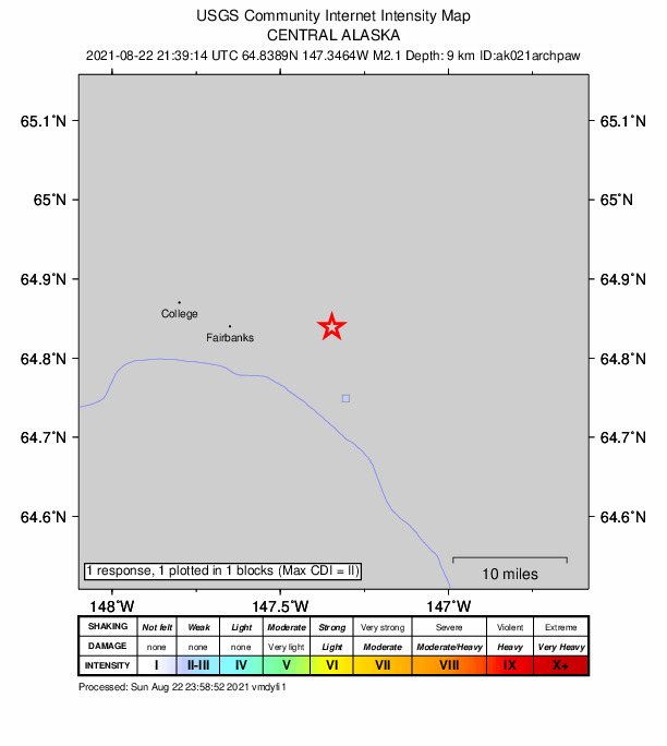 USGS DYFI community-reported intensity map for the M2.0 earthquake near 8 km NE of Badger, Alaska