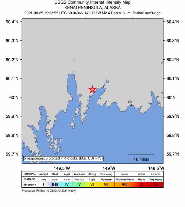 USGS DYFI community-reported intensity map for the M2.4 earthquake near 15 km ESE of Lowell Point, Alaska