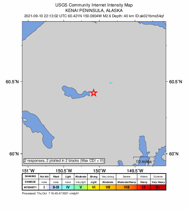 USGS DYFI community-reported intensity map for the M2.6 earthquake near 15 km WSW of Cooper Landing, Alaska