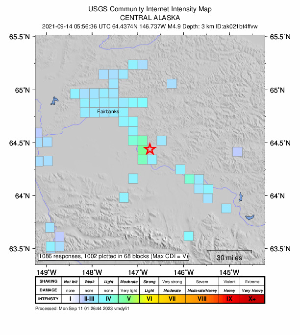 USGS DYFI community-reported intensity map for the M4.9 earthquake near 9 km NW of Harding-Birch Lakes, Alaska
