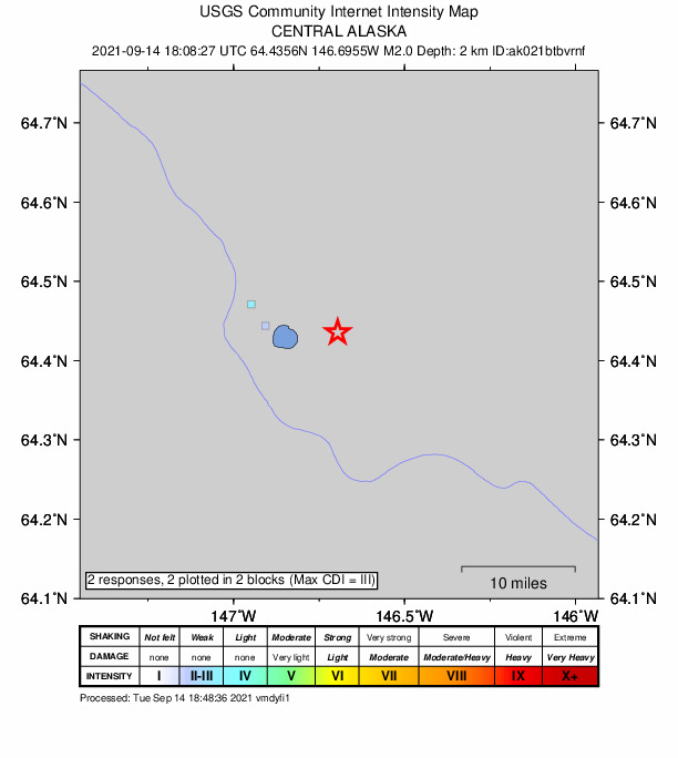 USGS DYFI community-reported intensity map for the M2.0 earthquake near 8 km NNW of Harding-Birch Lakes, Alaska