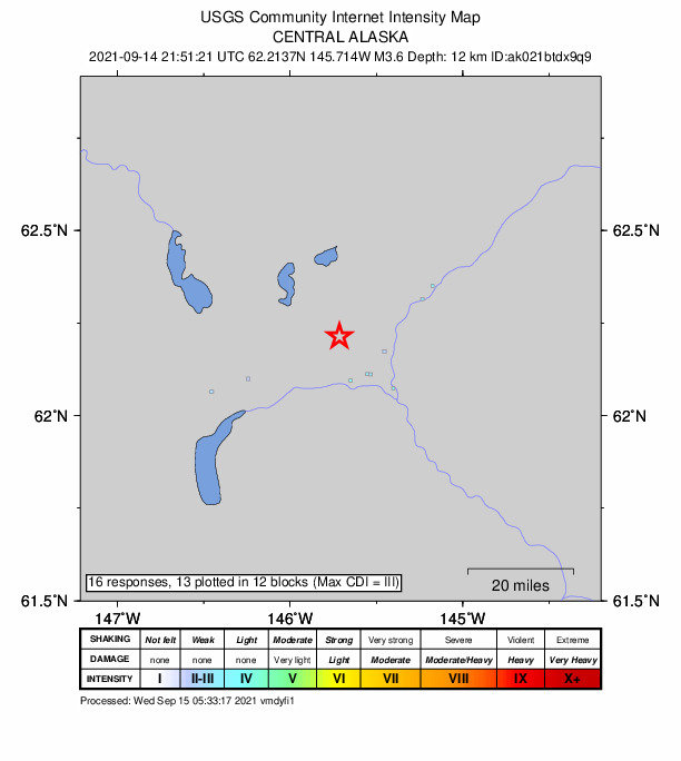 USGS DYFI community-reported intensity map for the M3.6 earthquake near 14 km NW of Glennallen, Alaska
