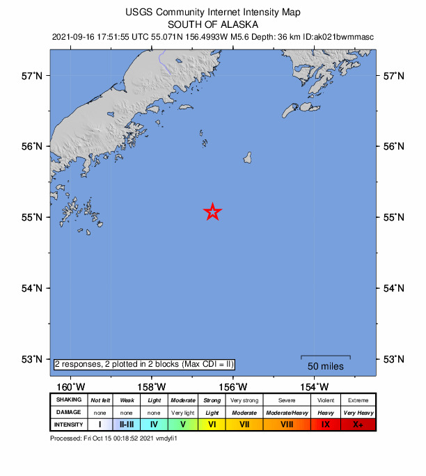 USGS DYFI community-reported intensity map for the M5.6 earthquake near 181 km SE of Chignik, Alaska