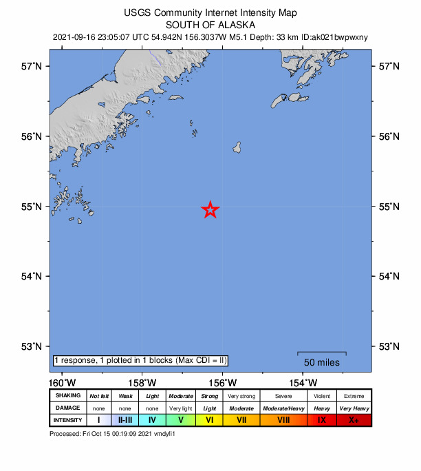 USGS DYFI community-reported intensity map for the M5.1 earthquake near 200 km SE of Chignik, Alaska