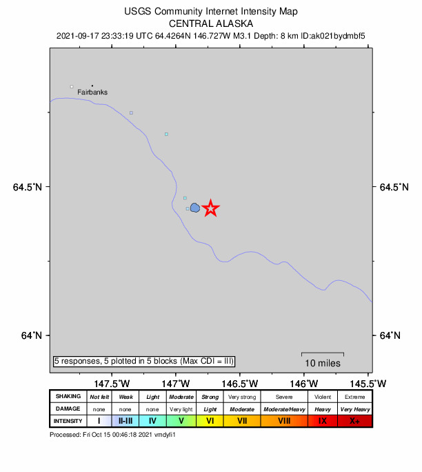 USGS DYFI community-reported intensity map for the M3.1 earthquake near 8 km NW of Harding-Birch Lakes, Alaska