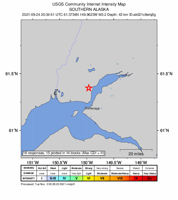USGS DYFI community-reported intensity map for the M3.2 earthquake near 1 km NNE of Point MacKenzie, Alaska
