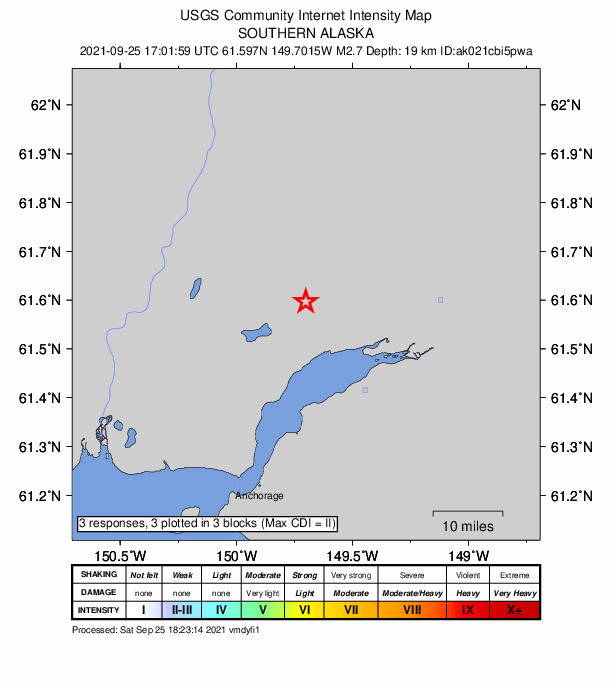 USGS DYFI community-reported intensity map for the M2.7 earthquake near 6 km WSW of Meadow Lakes, Alaska