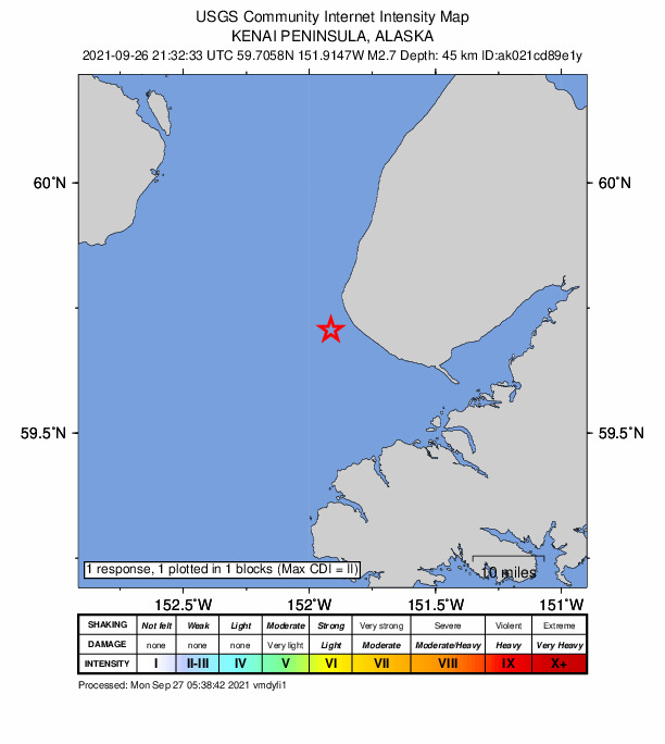 USGS DYFI community-reported intensity map for the M2.8 earthquake near 9 km SSW of Anchor Point, Alaska