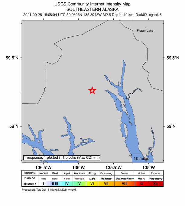 USGS DYFI community-reported intensity map for the M2.5 earthquake near 16 km WSW of Lutak, Alaska