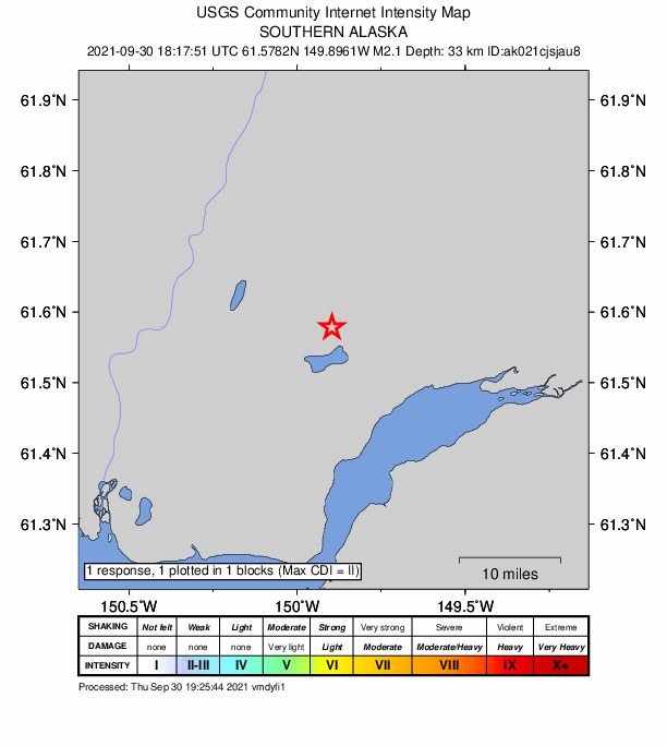 USGS DYFI community-reported intensity map for the M2.1 earthquake near 7 km NNE of Big Lake, Alaska