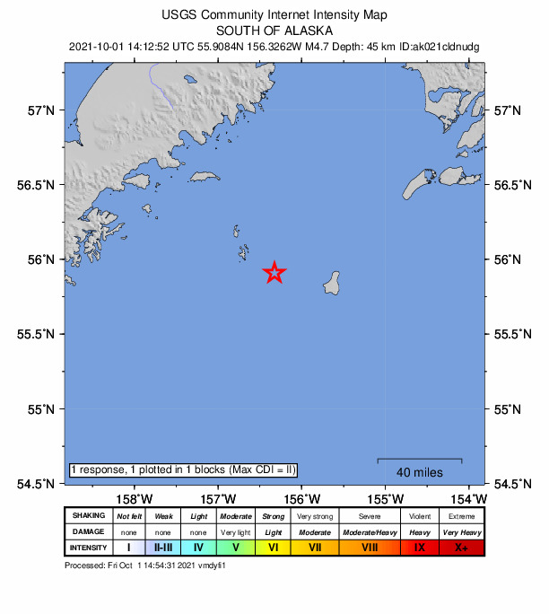 USGS DYFI community-reported intensity map for the M4.8 earthquake near 137 km ESE of Chignik, Alaska