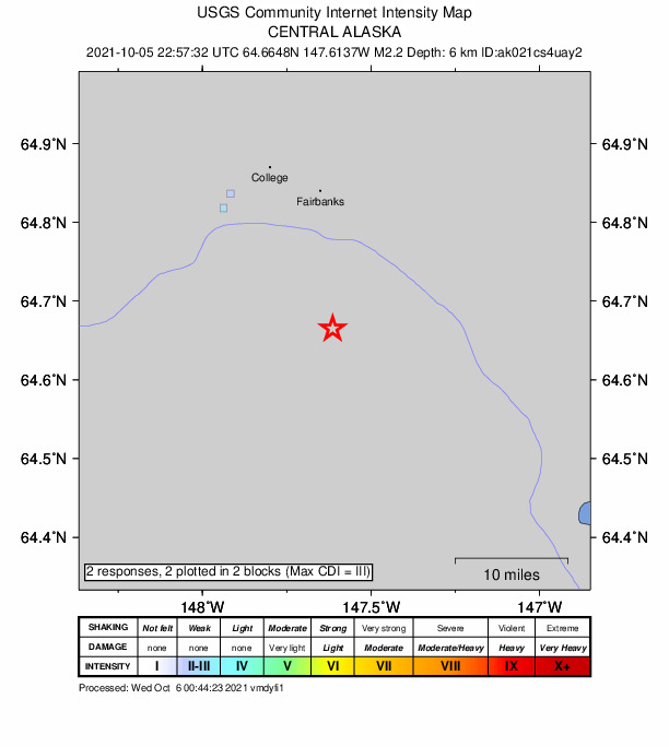 USGS DYFI community-reported intensity map for the M2.1 earthquake near 14 km SW of North Pole, Alaska