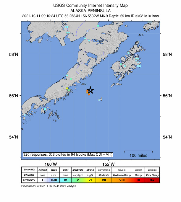 USGS DYFI community-reported intensity map for the M6.9 earthquake near 112 km E of Chignik, Alaska