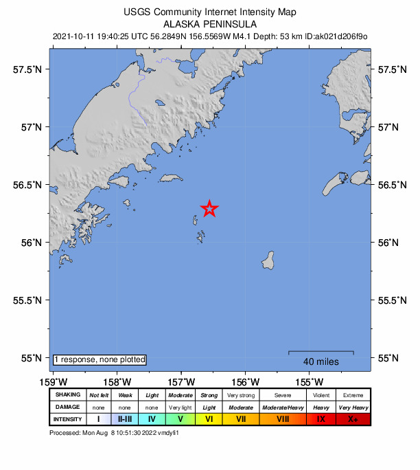 USGS DYFI community-reported intensity map for the M4.1 earthquake near 114 km E of Chignik, Alaska