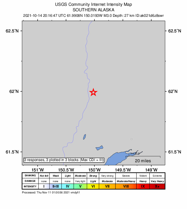 USGS DYFI community-reported intensity map for the M3.0 earthquake near 21 km SSW of Susitna North, Alaska