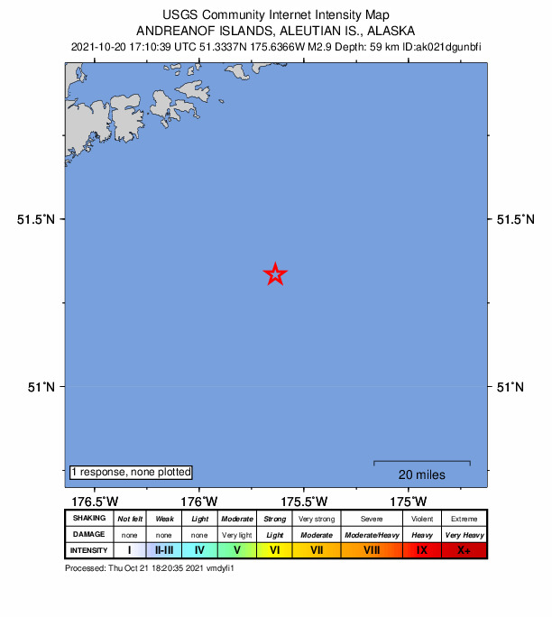 USGS DYFI community-reported intensity map for the M3.0 earthquake near 50 km ESE of Adak, Alaska