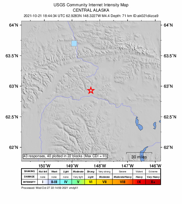 USGS DYFI community-reported intensity map for the M4.4 earthquake near 60 km SSE of Cantwell, Alaska