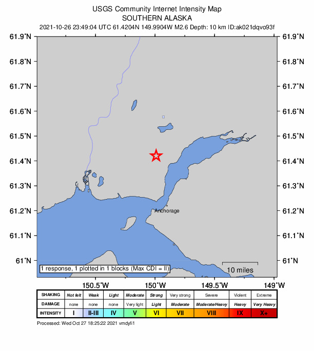 USGS DYFI community-reported intensity map for the M2.5 earthquake near 8 km NNE of Point MacKenzie, Alaska