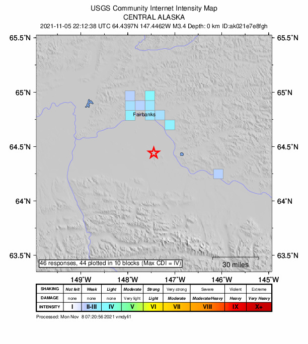 USGS DYFI community-reported intensity map for the M3.1 earthquake near 32 km WSW of Salcha, Alaska