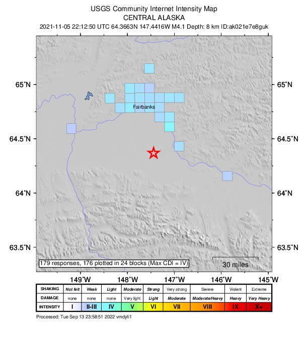 USGS DYFI community-reported intensity map for the M4.1 earthquake near 31 km SW of Salcha, Alaska