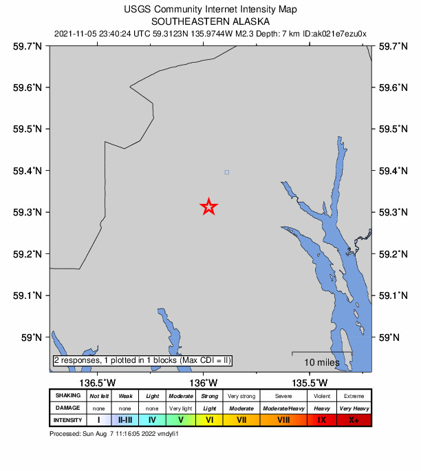 USGS DYFI community-reported intensity map for the M2.3 earthquake near 11 km SSW of Klukwan, Alaska