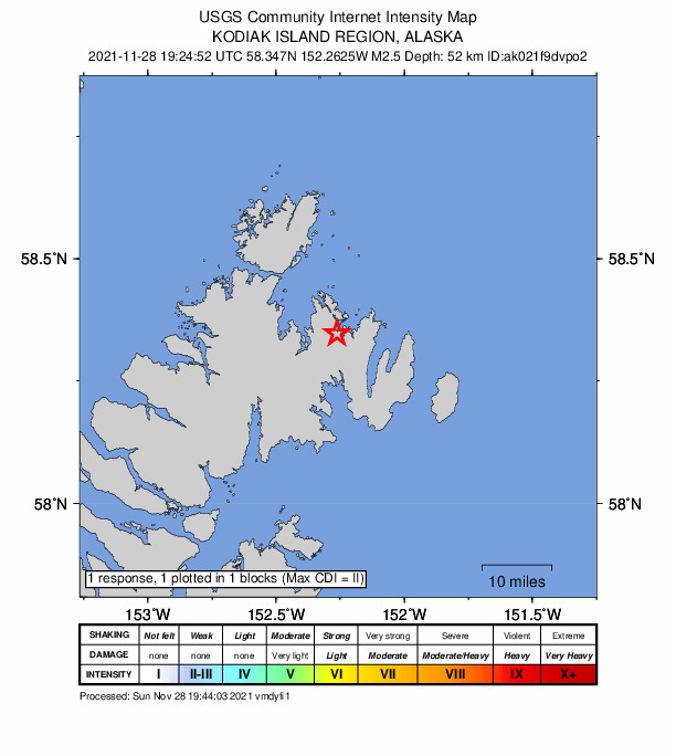 USGS DYFI community-reported intensity map for the M2.8 earthquake near 45 km NNE of Ouzinkie, Alaska