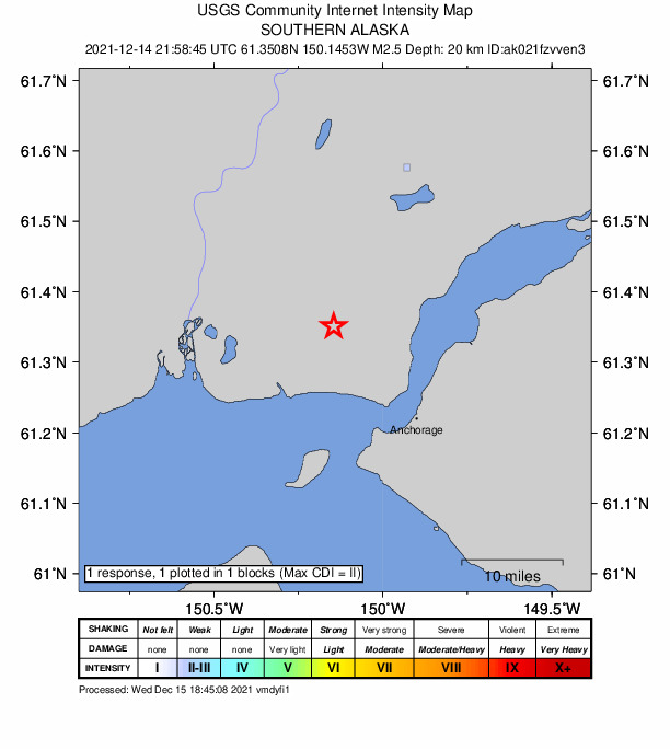 USGS DYFI community-reported intensity map for the M2.4 earthquake near 8 km W of Point MacKenzie, Alaska