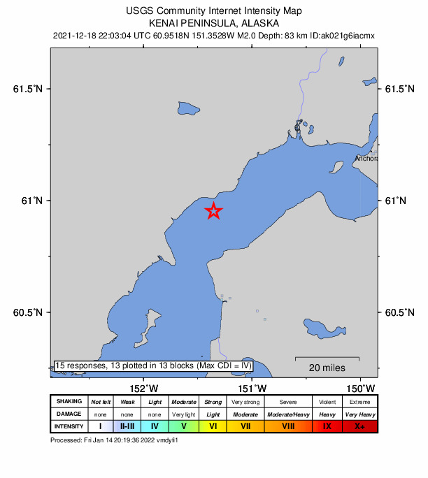 USGS DYFI community-reported intensity map for the M2.0 earthquake near 17 km SW of Tyonek, Alaska