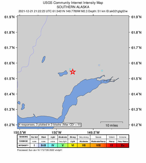 USGS DYFI community-reported intensity map for the M2.3 earthquake near 9 km ENE of Big Lake, Alaska