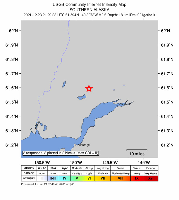 USGS DYFI community-reported intensity map for the M2.6 earthquake near 4 km S of Houston, Alaska