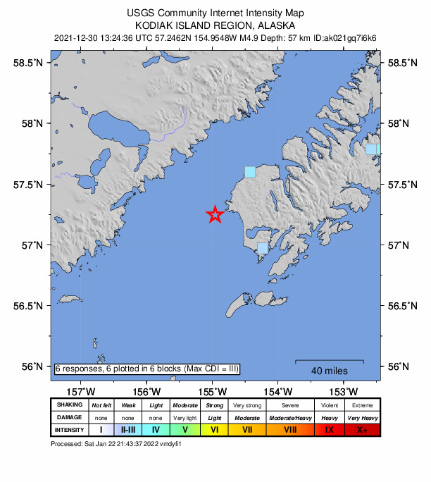 USGS DYFI community-reported intensity map for the M5.0 earthquake near 47 km SW of Karluk, Alaska