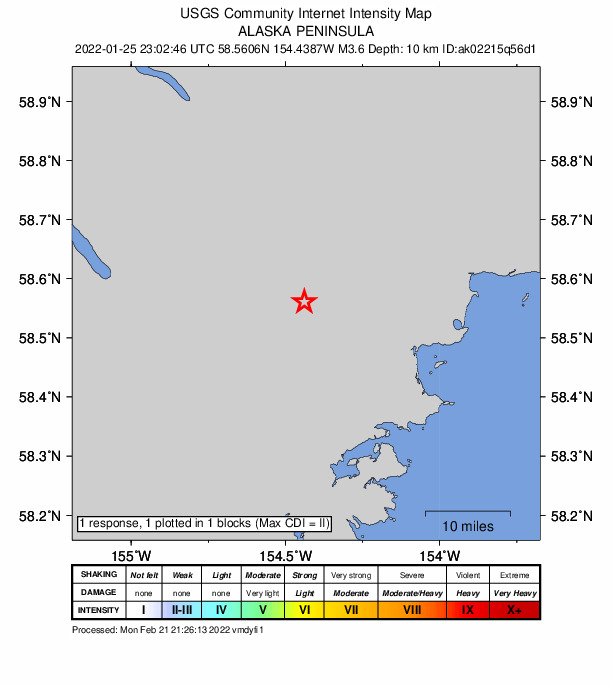USGS DYFI community-reported intensity map for the M3.6 earthquake near 99 km S of Kokhanok, Alaska
