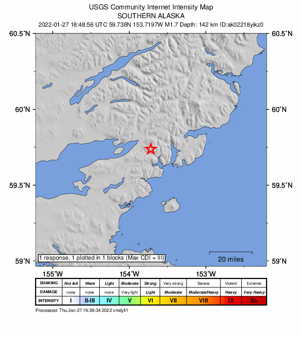 USGS DYFI community-reported intensity map for the M2.3 earthquake near 23 km E of Pedro Bay, Alaska